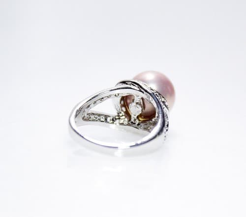 Vintage Pink Shell Pearl Silver Tone w/ Zirconia Women Ring Size 8 - Thumbnail 3