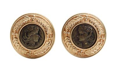 Vintage PREMIER Marked Portrait Cameo Gold Tone Round Clip On Earrings - Image 1