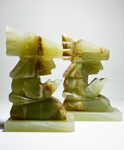 Mid-Century Hand Carved Green Onyx Geometrical Heavy Aztec Pair of Bookends - Image 1