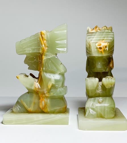 Mid-Century Hand Carved Green Onyx Geometrical Heavy Aztec Pair of Bookends - Thumbnail 3