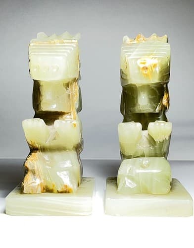 Mid-Century Hand Carved Green Onyx Geometrical Heavy Aztec Pair of Bookends - Thumbnail 2