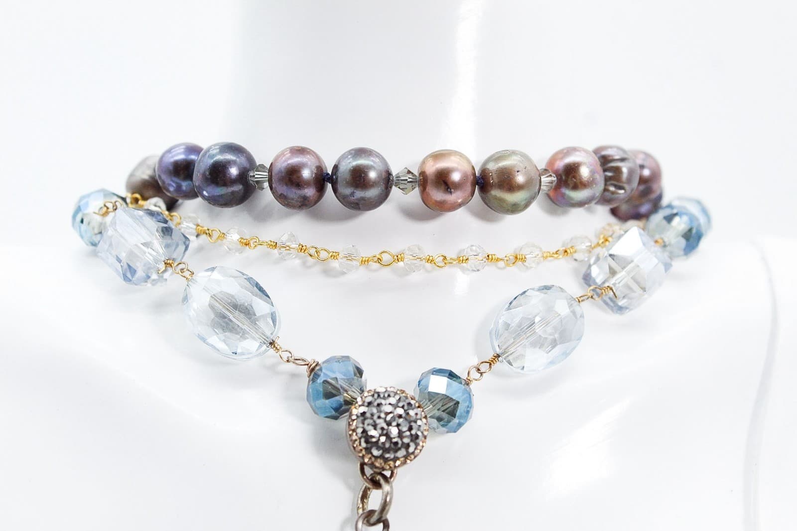 Sterling Silver Triple Strand Natural Baroque Pearl Hematite & Crystal Statement - Thumbnail 5