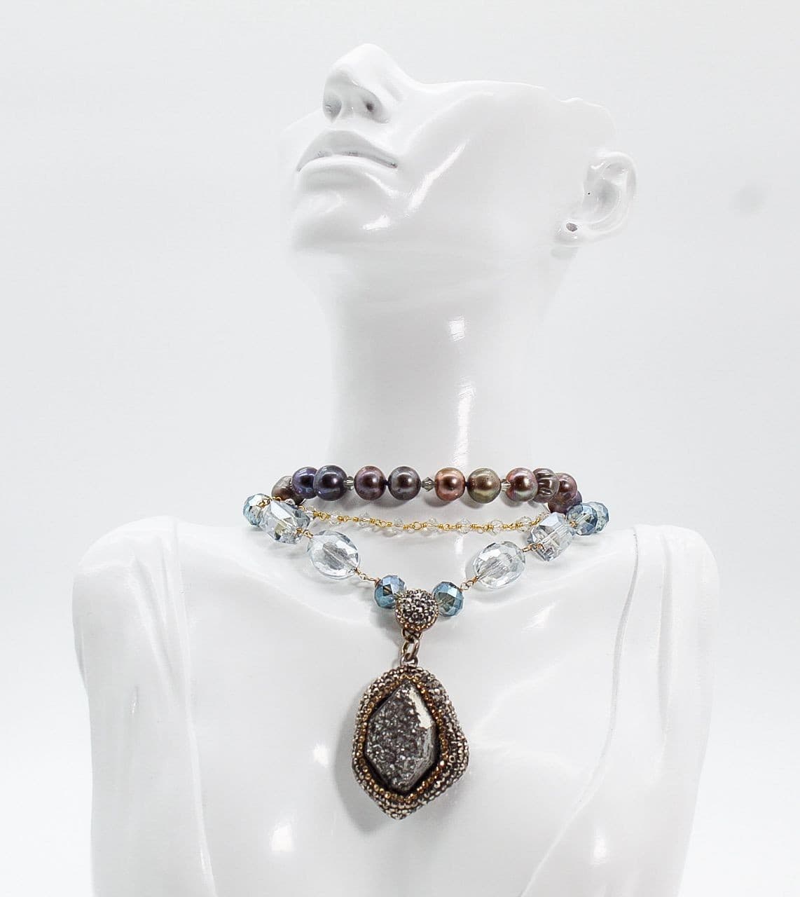 Sterling Silver Triple Strand Natural Baroque Pearl Hematite & Crystal Statement - Thumbnail 2