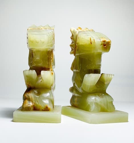Mid-Century Hand Carved Green Onyx Geometrical Heavy Aztec Pair of Bookends - Thumbnail 5