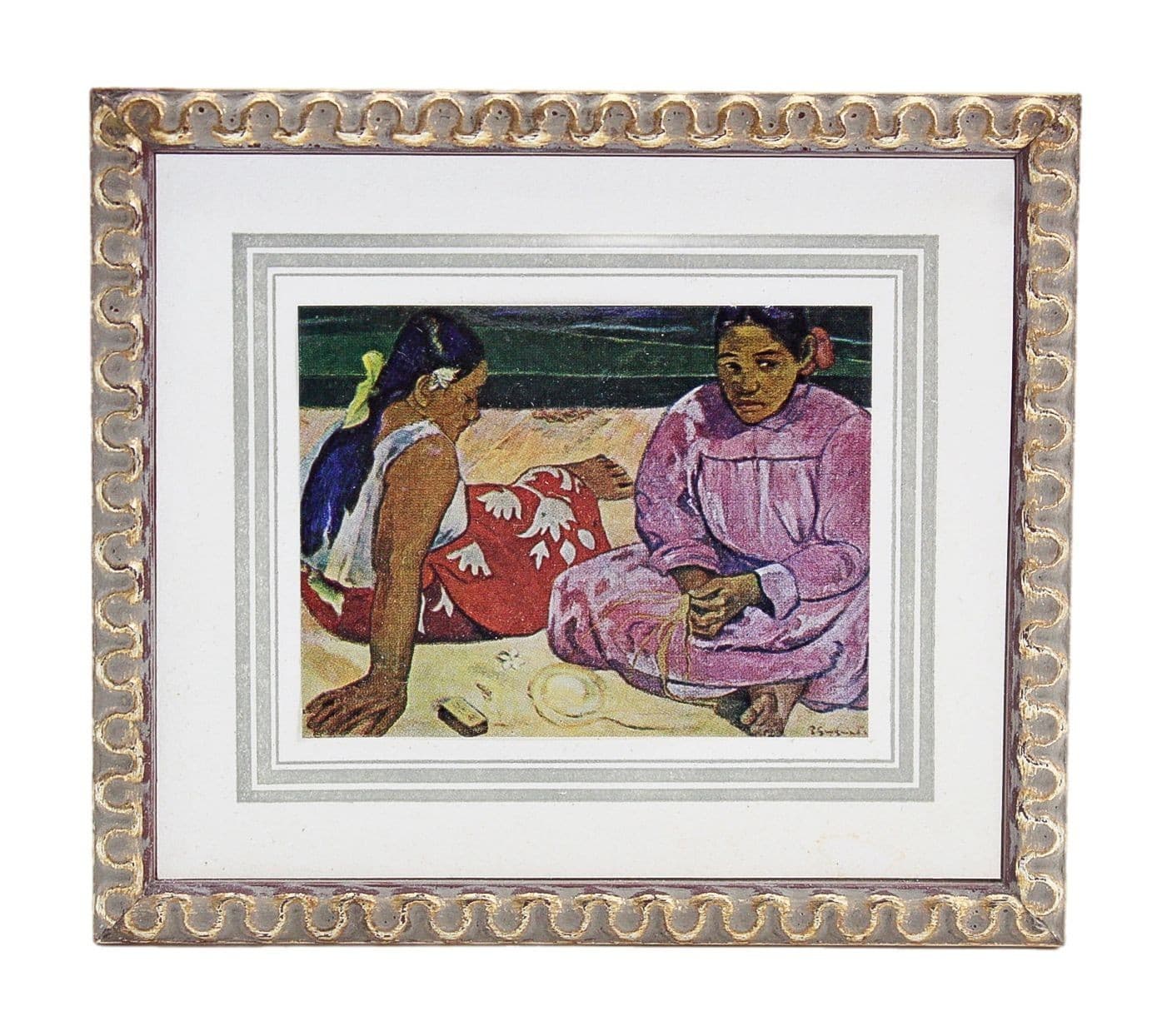 Vintage Miniature Dollhouse Tahitian Women On Beach Scene Wall Art Painting - Thumbnail 2