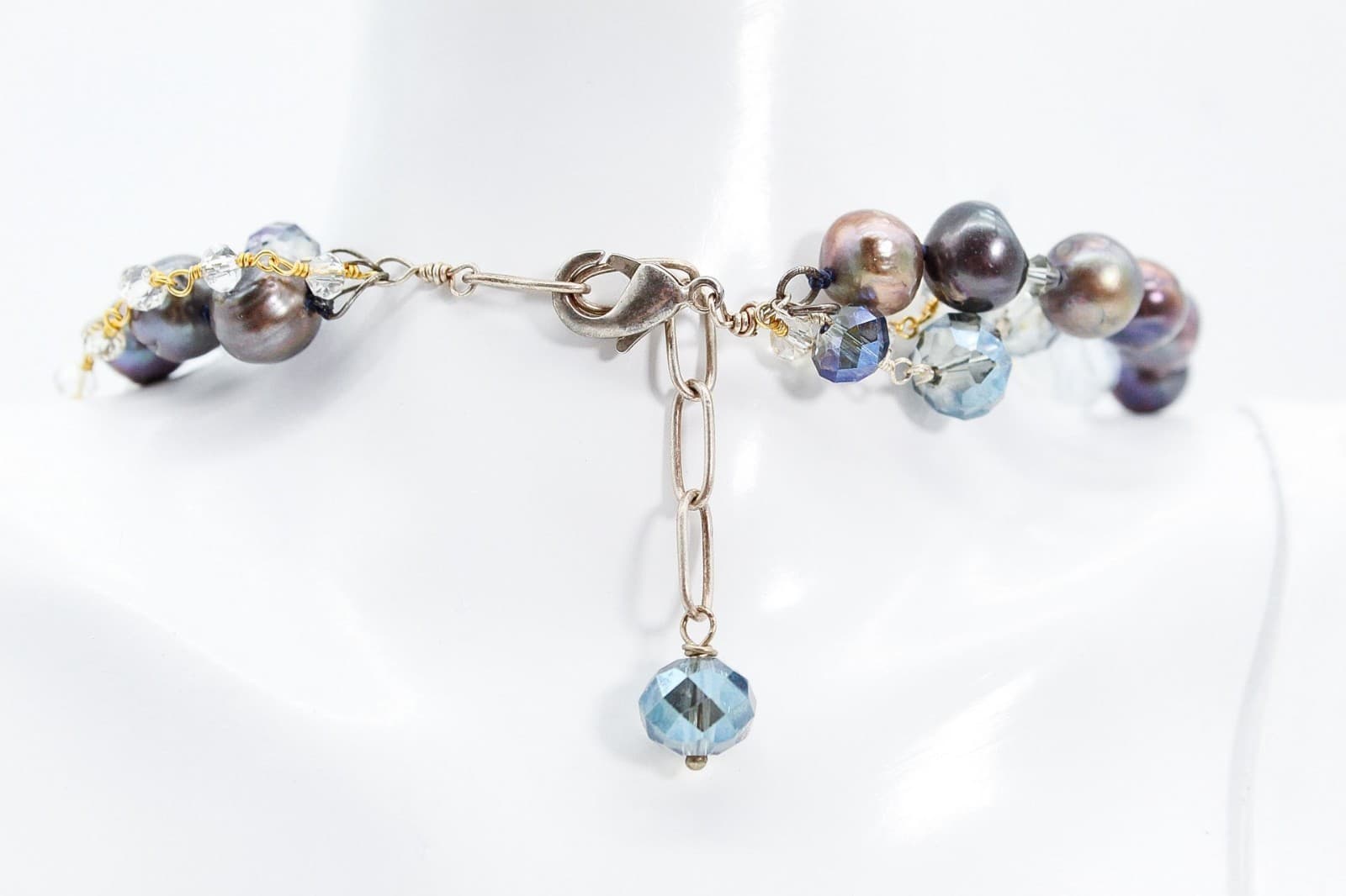 Sterling Silver Triple Strand Natural Baroque Pearl Hematite & Crystal Statement - Thumbnail 6