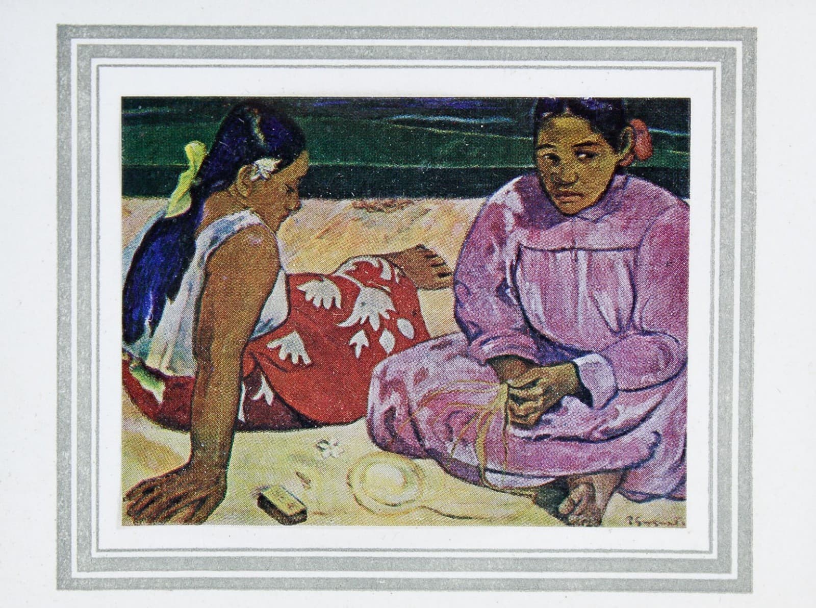 Vintage Miniature Dollhouse Tahitian Women On Beach Scene Wall Art Painting - Image 1