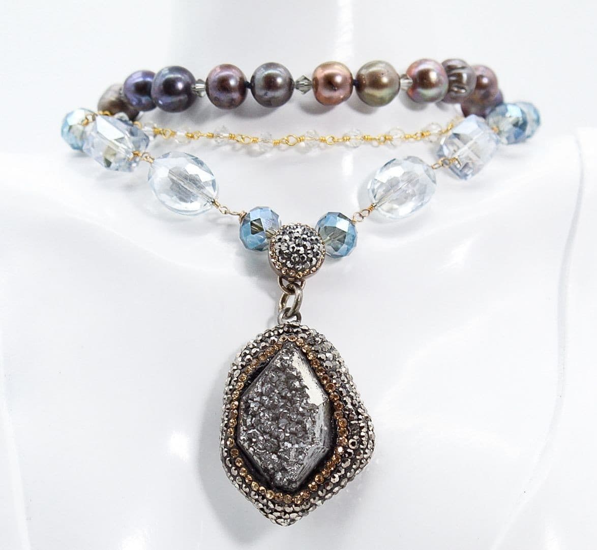 Sterling Silver Triple Strand Natural Baroque Pearl Hematite & Crystal Statement - Thumbnail 3