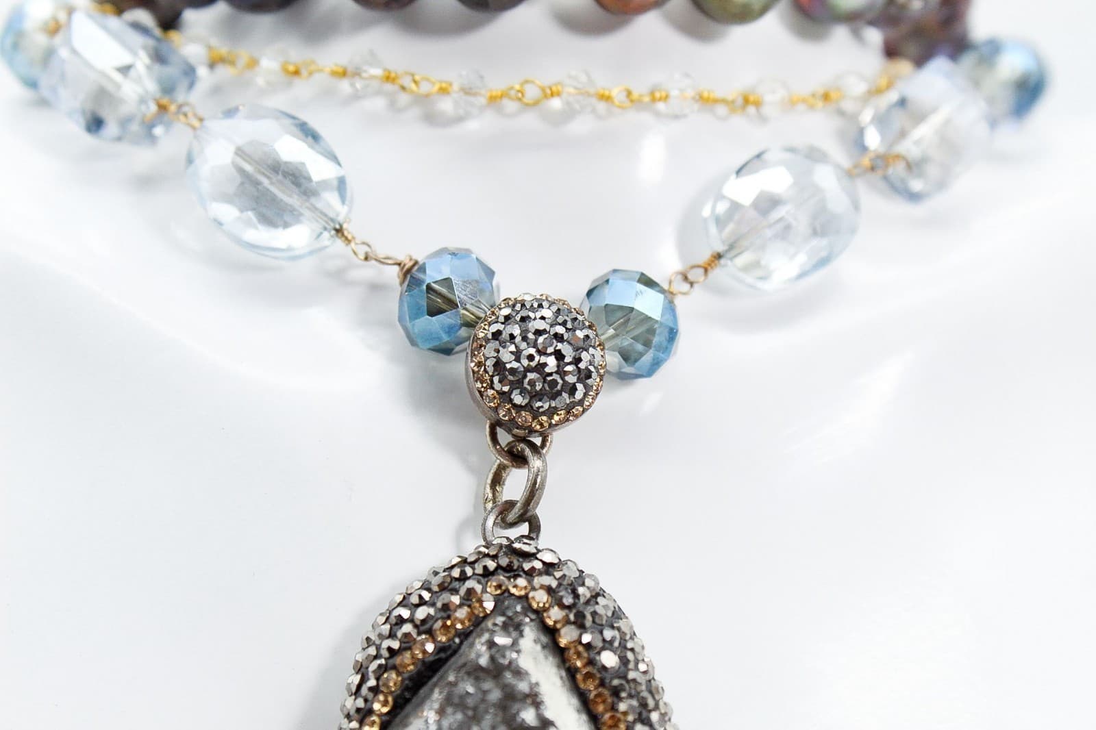 Sterling Silver Triple Strand Natural Baroque Pearl Hematite & Crystal Statement - Thumbnail 4