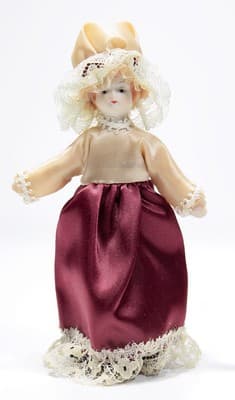 Dollhouse Miniature Doll Porcelain Silk & Laced Dress Victorian Style Vintage 5" - Image 1