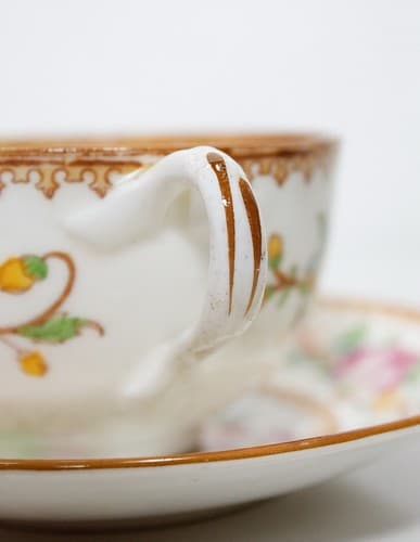 CAULDON Antique Hand Painted Floral Motif Porcelain Boullion Cup & Saucer RARE - Thumbnail 3