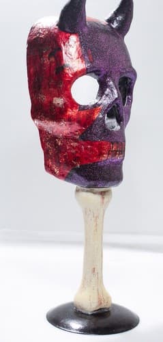 Handmade Paper Mache Purple & Red Halloween Skeleton Mask w/ Horns Decoration - Thumbnail 2