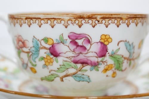 CAULDON Antique Hand Painted Floral Motif Porcelain Boullion Cup & Saucer RARE - Thumbnail 2