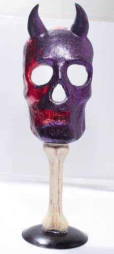 Handmade Paper Mache Purple & Red Halloween Skeleton Mask w/ Horns Decoration - Thumbnail 5