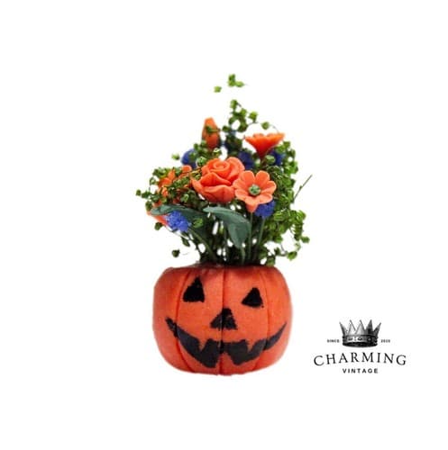 RARE Vintage Dollhouse Miniature Handmade Halloween Pumpkin Floral Decoration - Image 1
