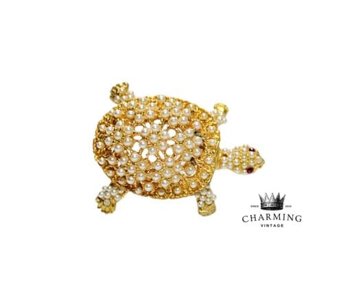 Vintage Gold Tone Faux Seed Pearl Turtle Animal Pin Brooch - Image 1