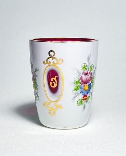 Antique White To Cut Cranberry Bohemian Hand Painted Gold Gilt Glass Cup - Image 1