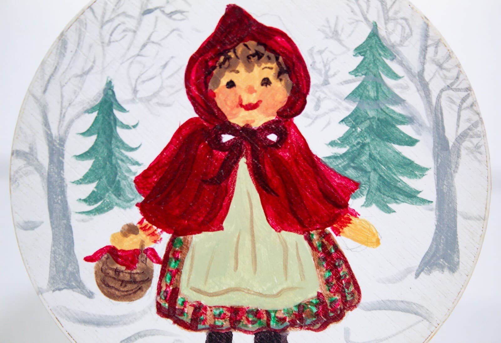 Vintage Signed Hand Painted Red Riding Hood Round Wooden Decorative Box - Thumbnail 3