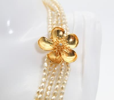 Vintage MMA RC Marked Multistrand Beaded Gold Tone Flower Clasp Chocker Necklace - Thumbnail 3