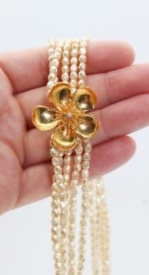 Vintage MMA RC Marked Multistrand Beaded Gold Tone Flower Clasp Chocker Necklace - Thumbnail 4