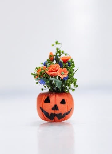 RARE Vintage Dollhouse Miniature Handmade Halloween Pumpkin Floral Decoration - Thumbnail 4