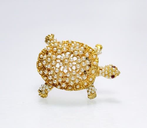 Vintage Gold Tone Faux Seed Pearl Turtle Animal Pin Brooch - Thumbnail 4