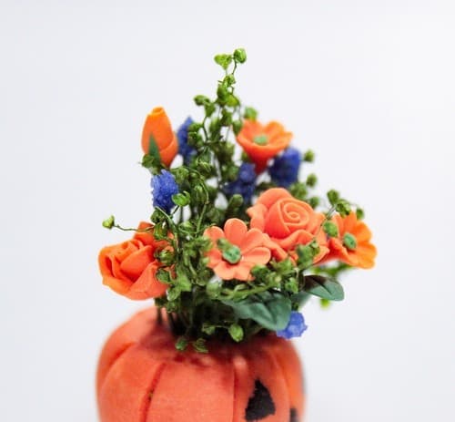 RARE Vintage Dollhouse Miniature Handmade Halloween Pumpkin Floral Decoration - Thumbnail 8