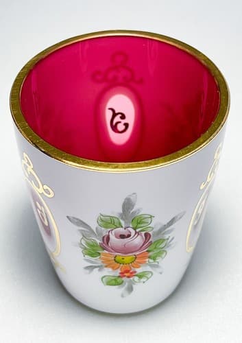 Antique White To Cut Cranberry Bohemian Hand Painted Gold Gilt Glass Cup - Thumbnail 3