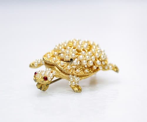 Vintage Gold Tone Faux Seed Pearl Turtle Animal Pin Brooch - Thumbnail 3