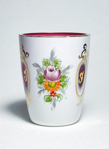Antique White To Cut Cranberry Bohemian Hand Painted Gold Gilt Glass Cup - Thumbnail 2