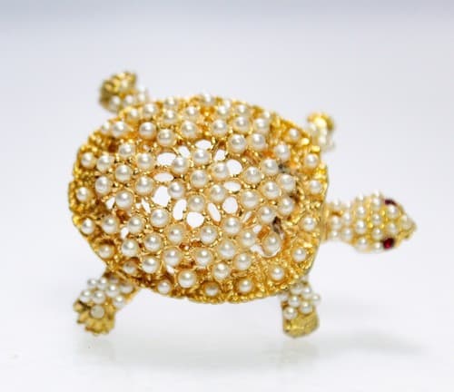 Vintage Gold Tone Faux Seed Pearl Turtle Animal Pin Brooch - Thumbnail 5