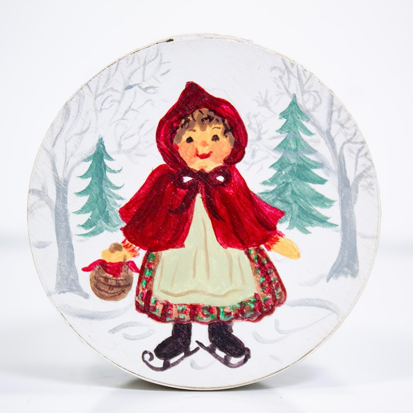 Vintage Signed Hand Painted Red Riding Hood Round Wooden Decorative Box - Thumbnail 2