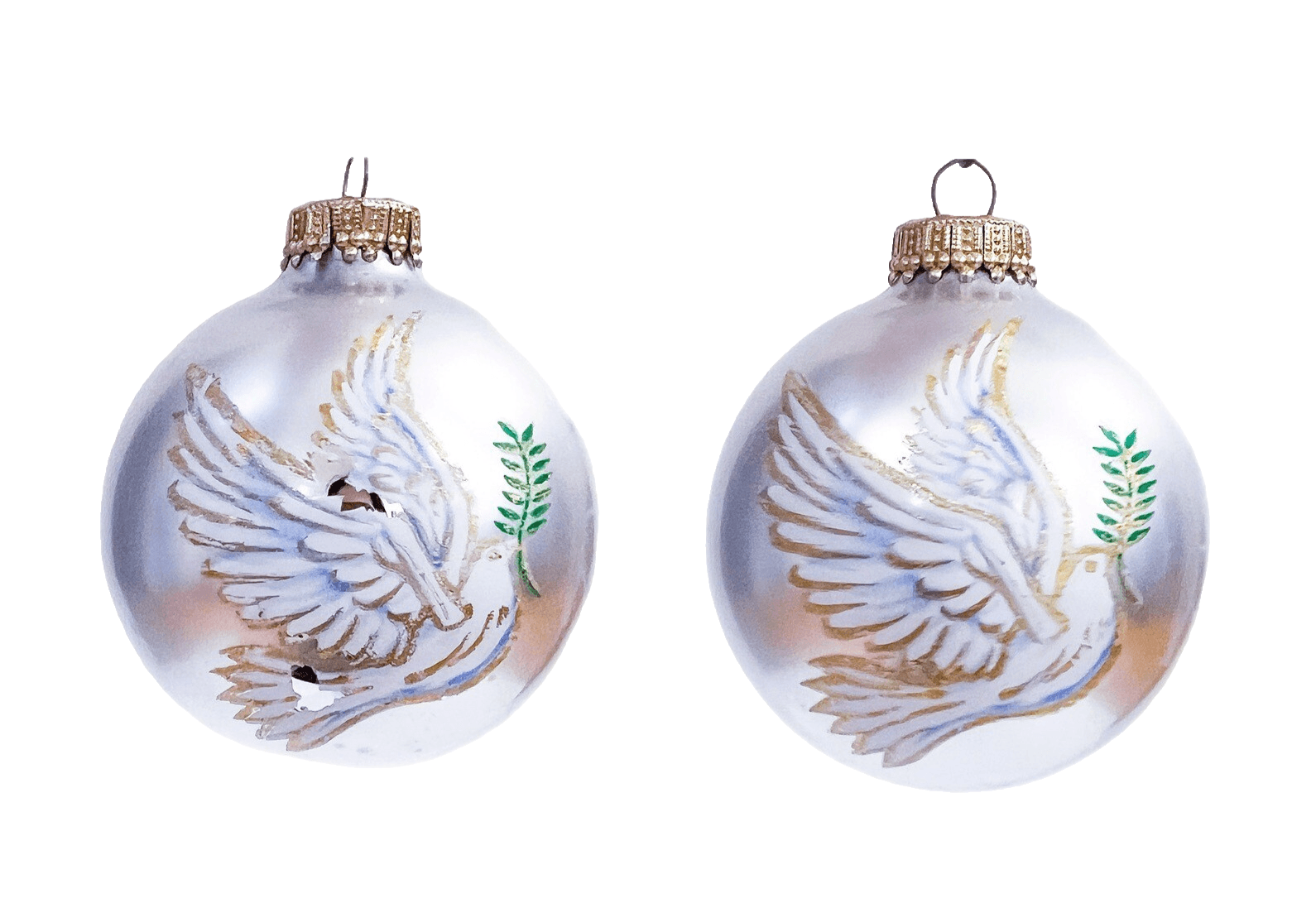 2 Vintage Krebs White w/ Peace Doves Blown Glass Christmas Ornaments - Image 1
