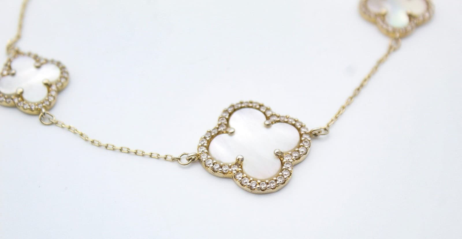 Icon White Mother Of Pearl Clover Sterling Silver Vermeil Crystal Bracelet 8" - Thumbnail 7