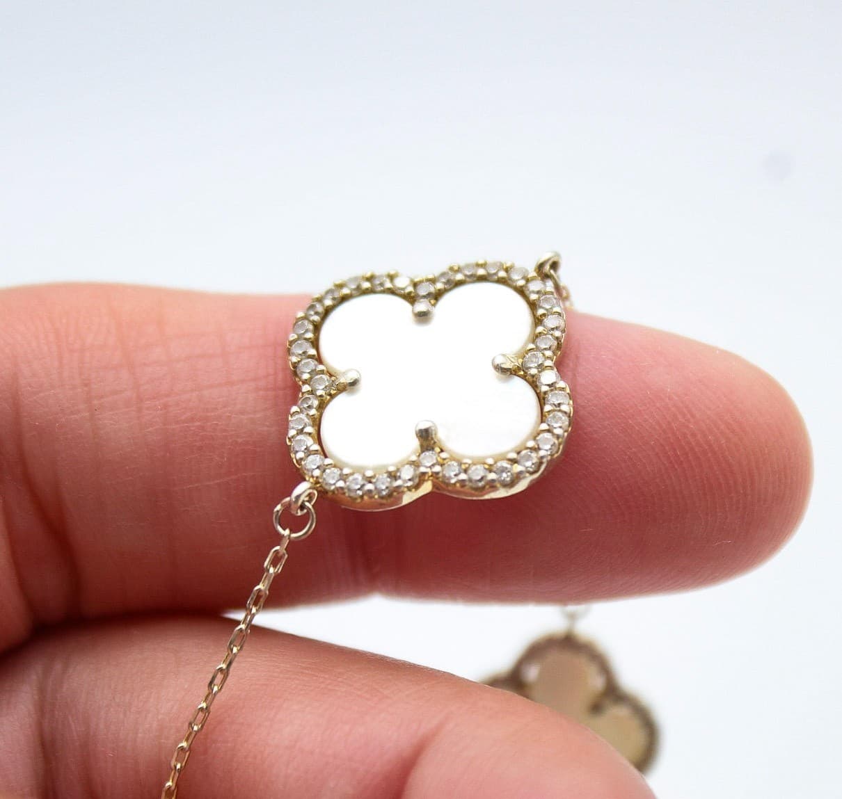 Icon White Mother Of Pearl Clover Sterling Silver Vermeil Crystal Bracelet 8" - Thumbnail 3