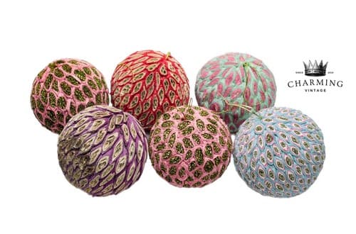 6 RARE Vintage Handcrafted Quilled Paper Multicolor Ball Christmas Ornaments - Image 1