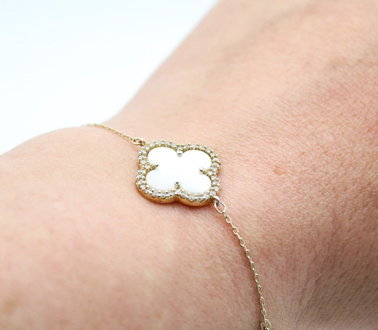 Icon White Mother Of Pearl Clover Sterling Silver Vermeil Crystal Bracelet 8" - Thumbnail 6