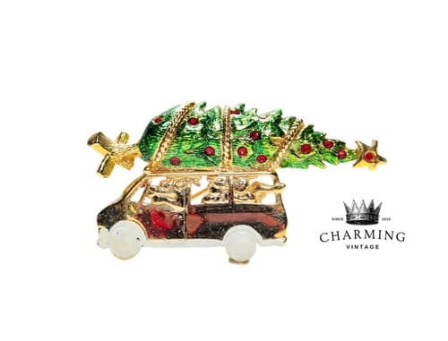 Vintage AJC Van With Christmas Tree Enamel Rhinestone Pin Brooch - Image 1