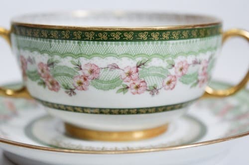 LIMOGES France J.P.L. Green & Gold Floral Porcelain Boullion Cup & Saucer - Thumbnail 2