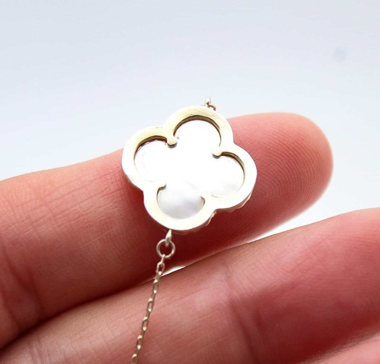 Icon White Mother Of Pearl Clover Sterling Silver Vermeil Crystal Bracelet 8" - Thumbnail 5