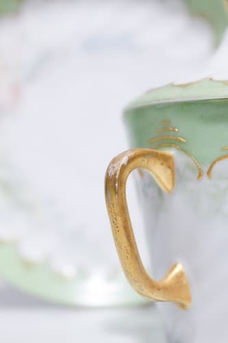 Antique Signed Porcelain Hand Painted Floral Gilt Covered Cup & Saucer - Thumbnail 6