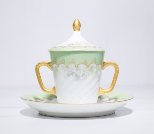 Antique Signed Porcelain Hand Painted Floral Gilt Covered Cup & Saucer - Thumbnail 10