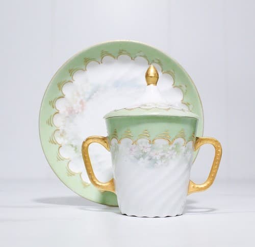 Antique Signed Porcelain Hand Painted Floral Gilt Covered Cup & Saucer - Thumbnail 2