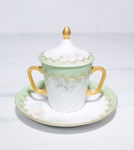 Antique Signed Porcelain Hand Painted Floral Gilt Covered Cup & Saucer - Thumbnail 8