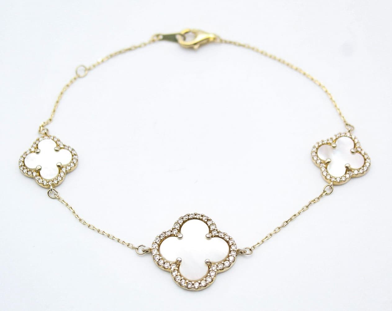Icon White Mother Of Pearl Clover Sterling Silver Vermeil Crystal Bracelet 8" - Thumbnail 8