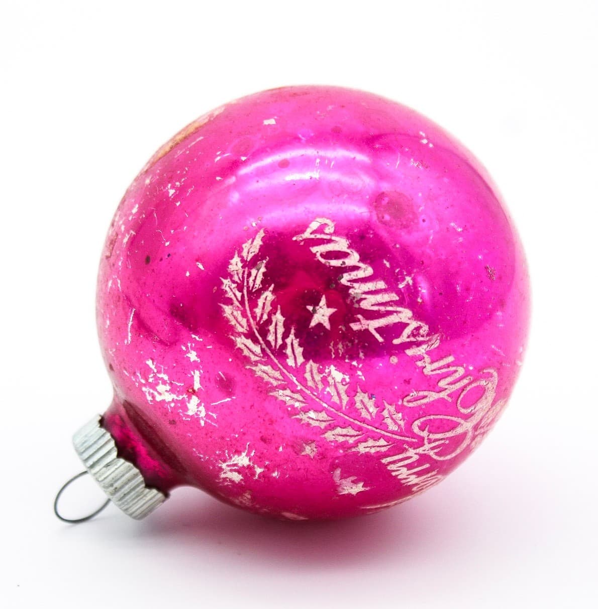 Shiny Brite U.S.A. Pink Vintage Merry Christmas Stencil Ball Glass Ornament 2.5" - Thumbnail 2