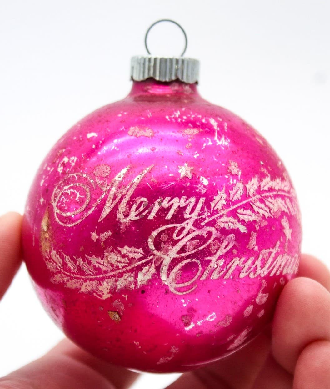 Shiny Brite U.S.A. Pink Vintage Merry Christmas Stencil Ball Glass Ornament 2.5" - Thumbnail 5