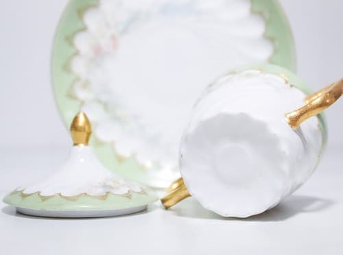 Antique Signed Porcelain Hand Painted Floral Gilt Covered Cup & Saucer - Thumbnail 7