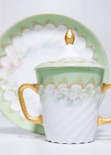 Antique Signed Porcelain Hand Painted Floral Gilt Covered Cup & Saucer - Thumbnail 3