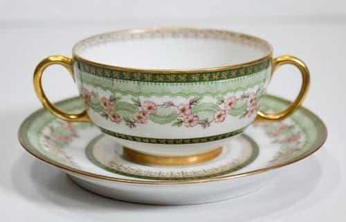 LIMOGES France J.P.L. Green & Gold Floral Porcelain Boullion Cup & Saucer - Thumbnail 7